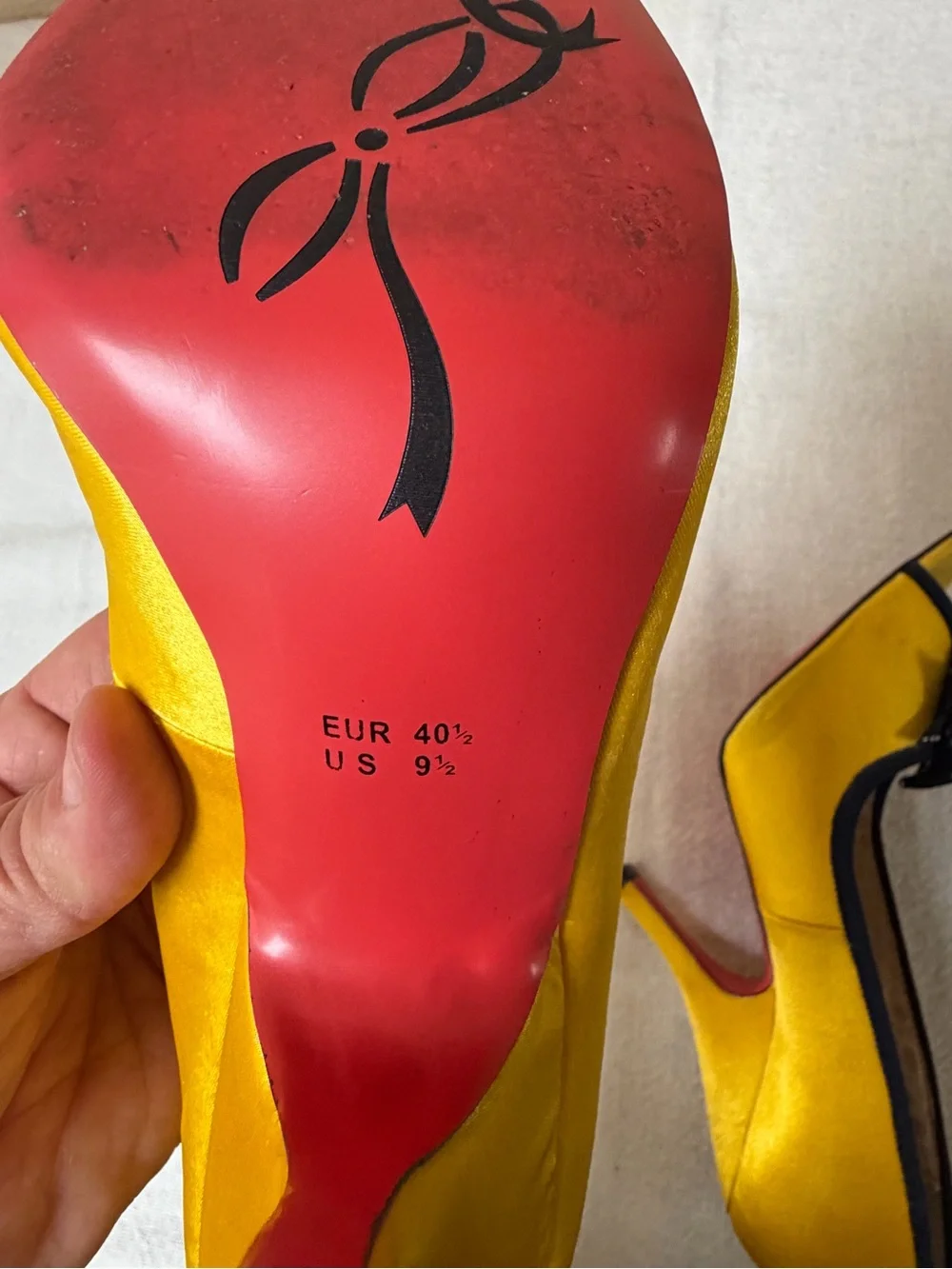 4/$20 Poetic License Yellow Satin Peep-Toe Heels w/ Black Trim and Floral Jewel